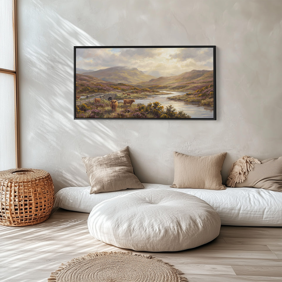 Highland Cows above soft wall art Extra Wide Canvas Office