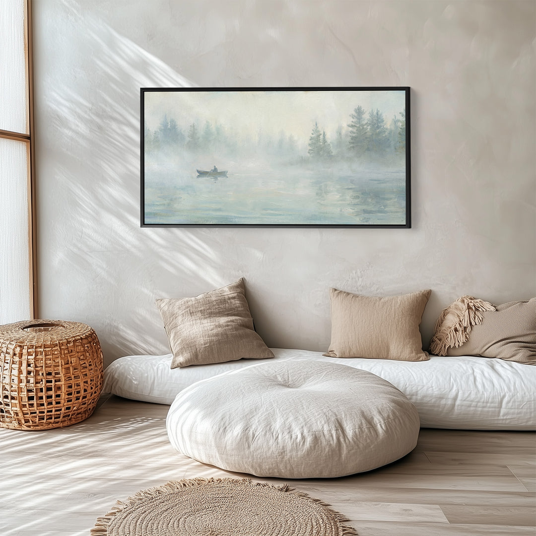 Misty Lake Boat large wall art Horizontal Canvas Print Office