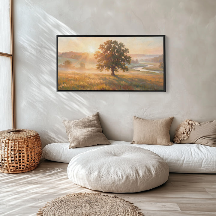 Lone Tree By River Above Bed Wall Art Horizontal Canvas Print For Bedroom