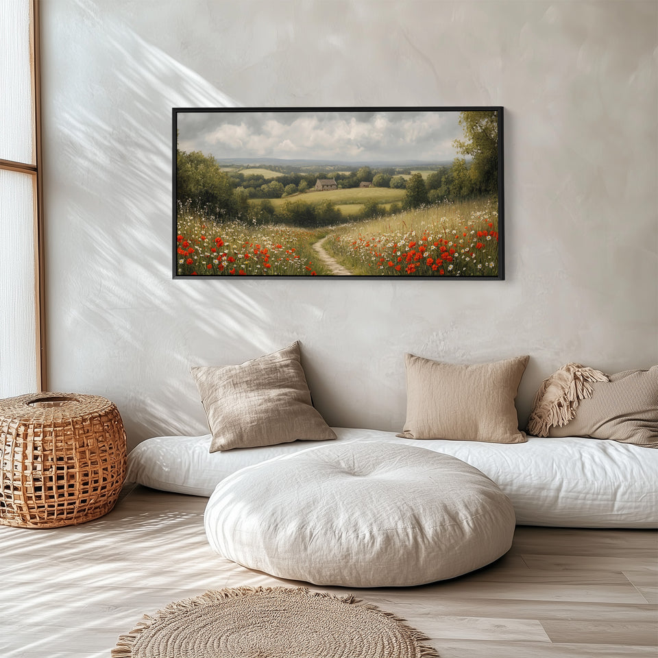 Wildflower Meadow Path Above Soft Wall Art Panoramic Canvas Print For Hallway