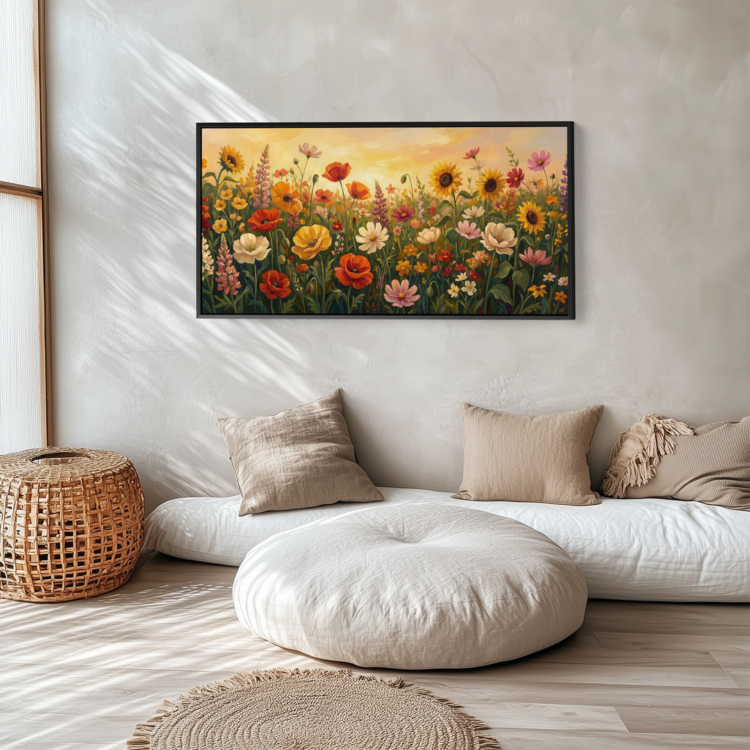 Colourful Wildflower Field Bedroom Wall Art Extra Wide Canvas For Bedroom