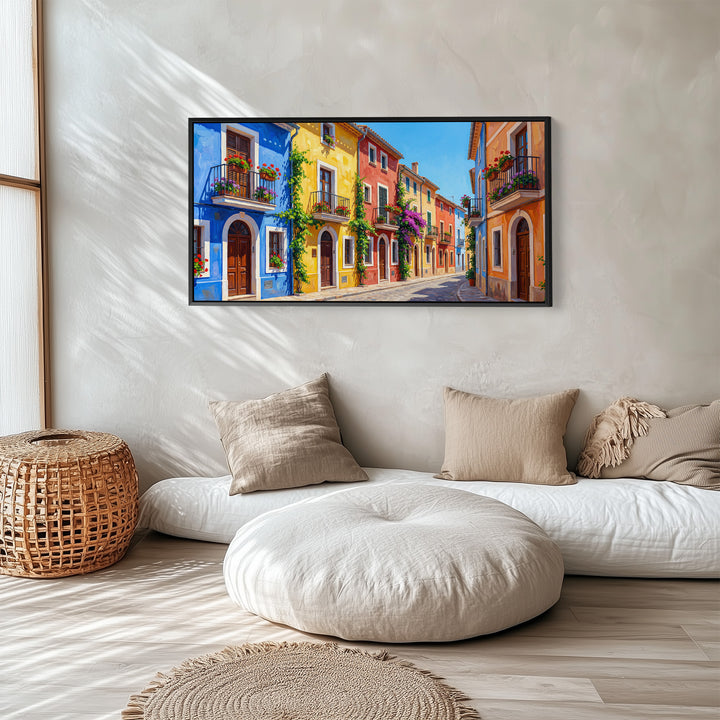 Colourful Village Street Wide Canvas Statement Wall Decor For Living Room