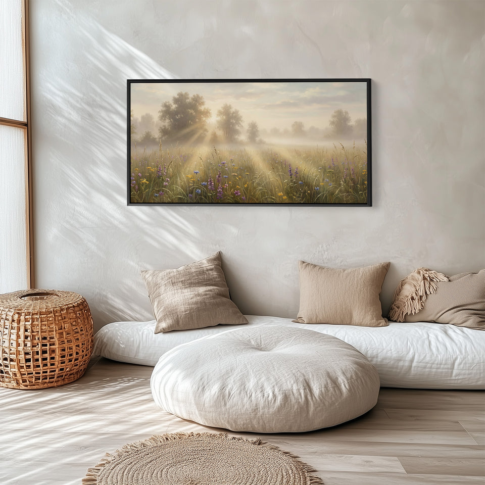 Misty Meadow Rays Long Wall Art Horizontal Canvas Print For Living Room