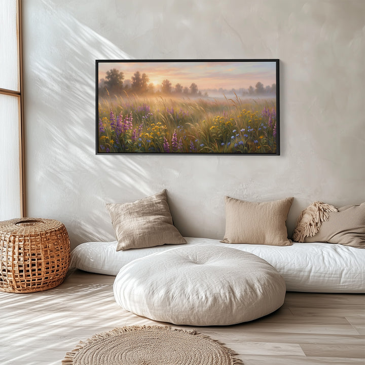 Sunrise Wildflower Field Horizontal Wall Art Panoramic Canvas Print For Bedroom