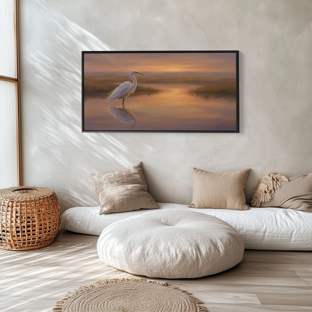 White Heron Long Wall Art Panoramic Canvas Print For Kitchen