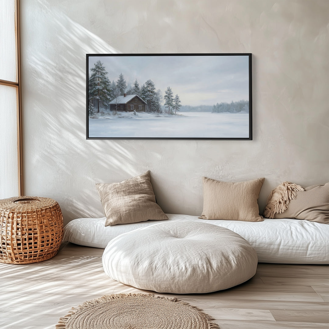 Snowy Cabin horizontal wall art Framed Canvas Print For Bedroom