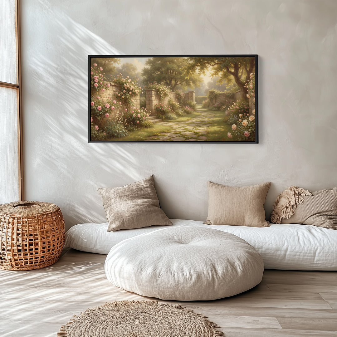 Rose Garden Path panoramic wall art Horizontal Canvas Print For Bedroom