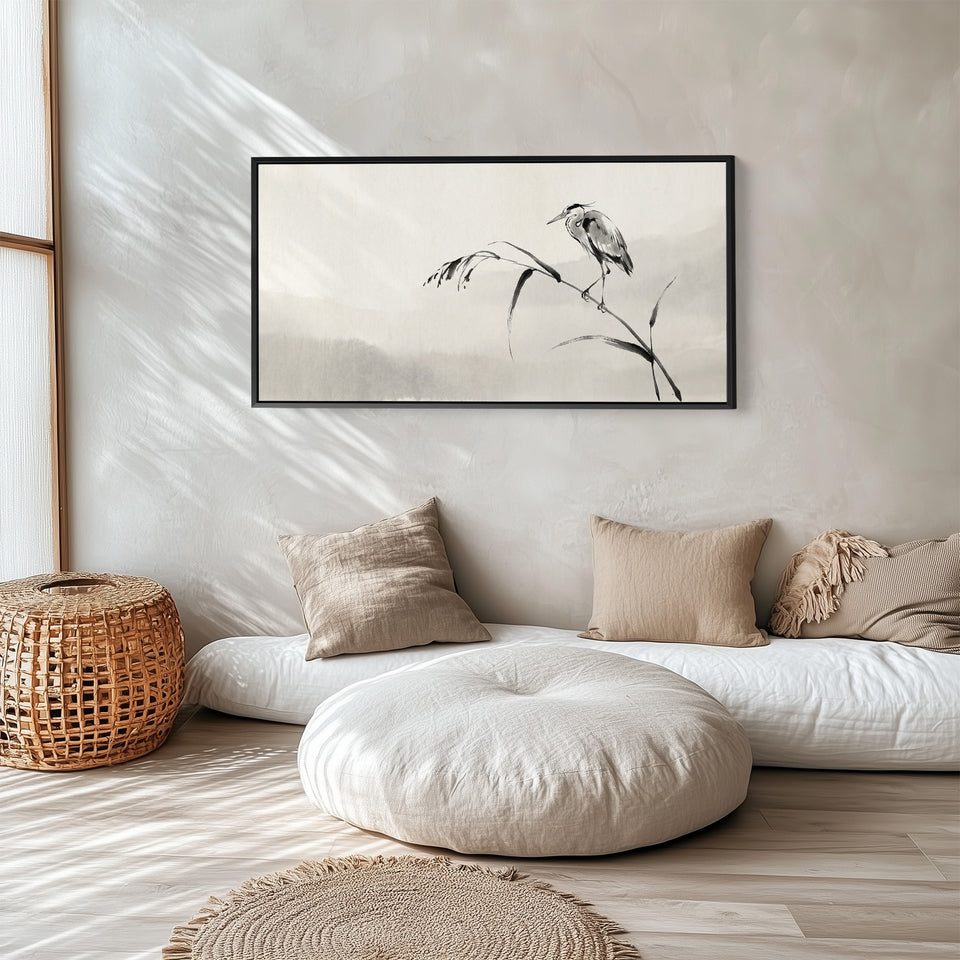 Ink Heron Horizontal Wall Art Framed Canvas Print For Bedroom