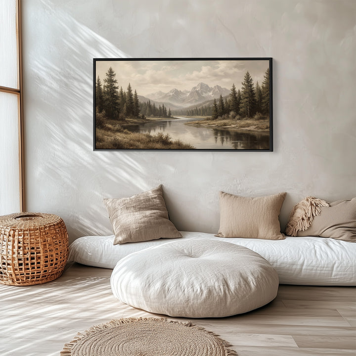 Mountain River Horizontal Wall Art Panoramic Canvas Print For Office