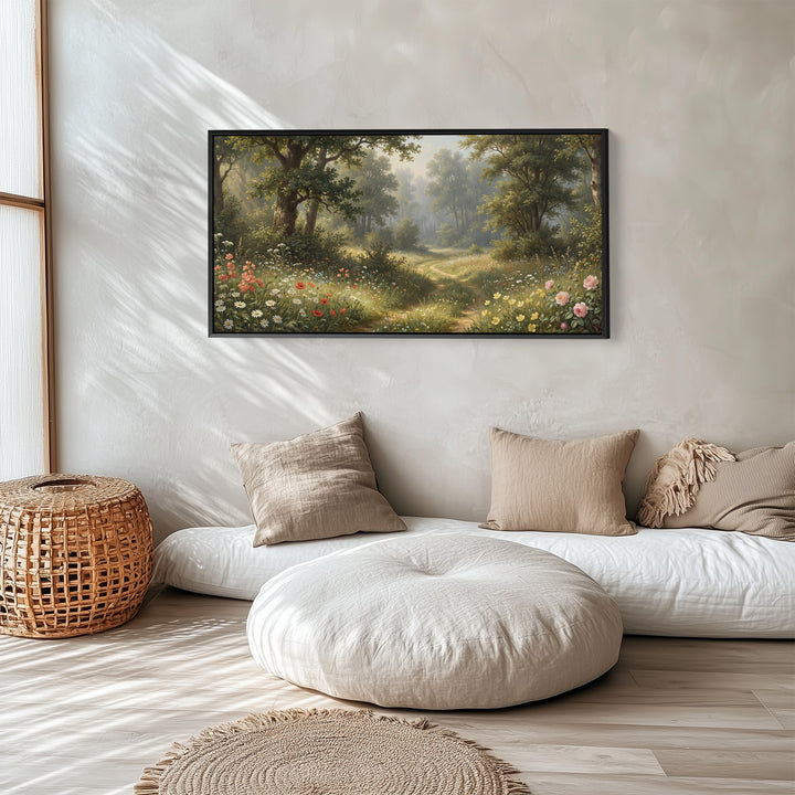 Horizontal Wall Art Woodland Wildflower Path Panoramic Canvas Print For Bedroom