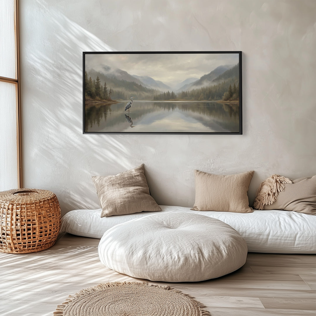 Wide Canvas Heron On Still Lake Panoramic Canvas Print For Living Room