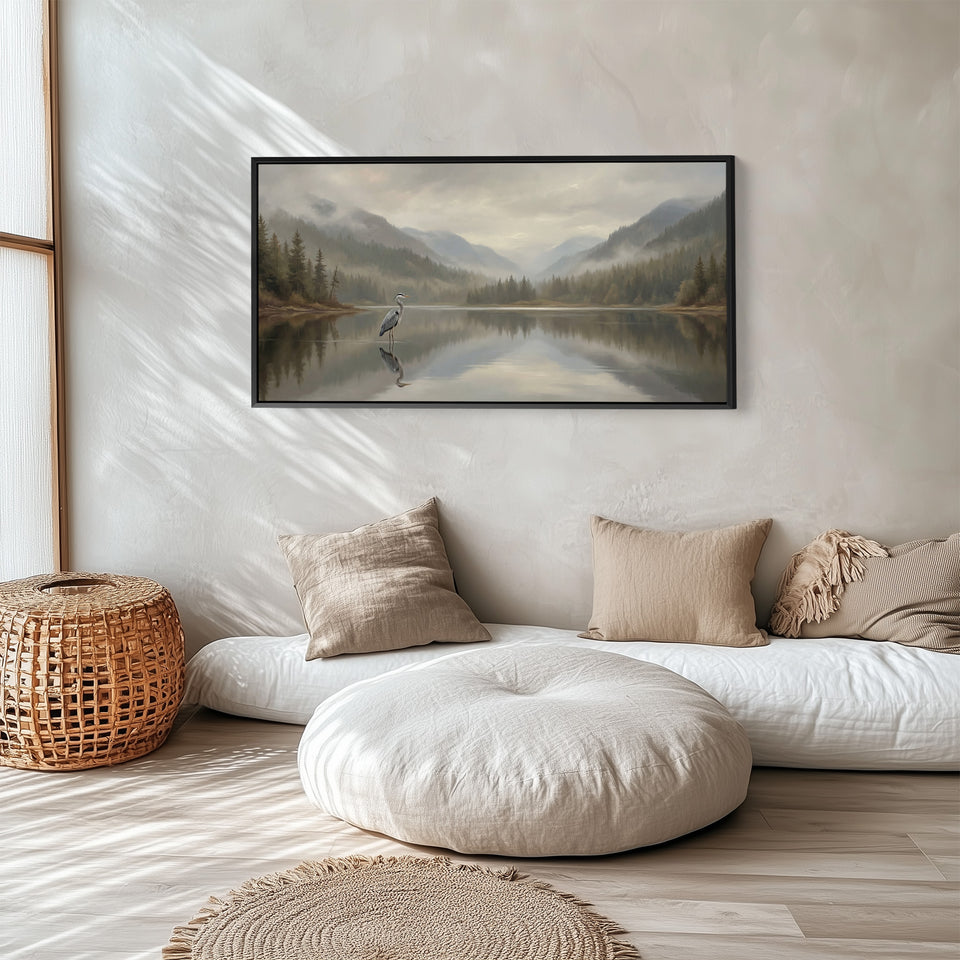 Wide Canvas Heron On Still Lake Panoramic Canvas Print For Living Room