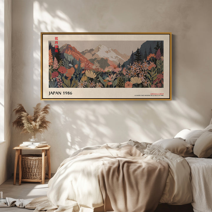 Wide Panoramic Wall Art – Snowy Mountain & Wildflowers, Muted Japanese-Inspired Landscape Print