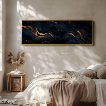 Blue & Gold Abstract Long Narrow Horizontal Wall Art - Atelier Printworks