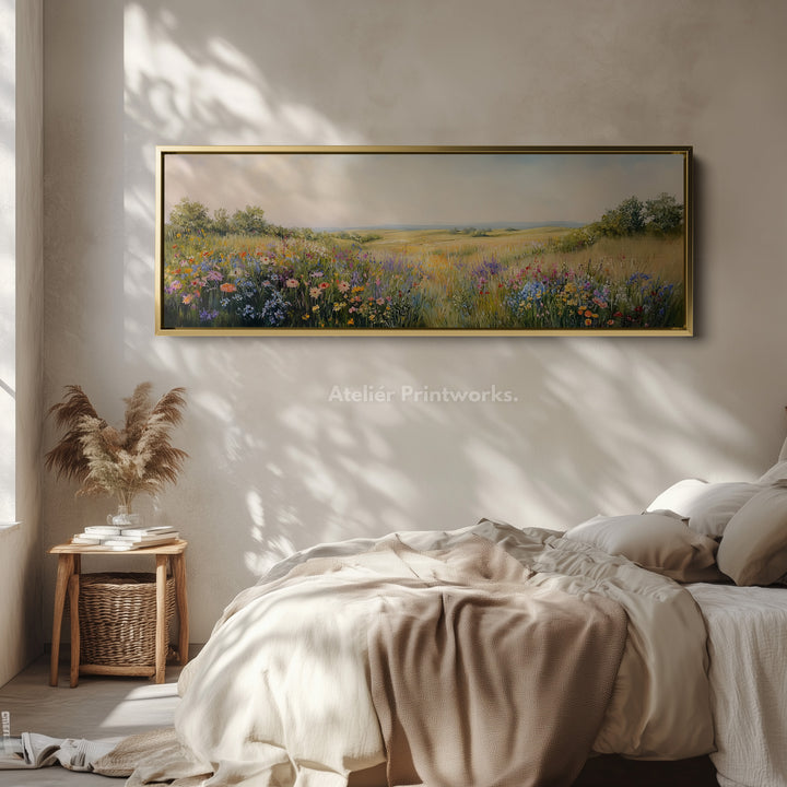 Vintage Wildflower Meadow Wide Skinny Framed Canvas Wall Art - H0046