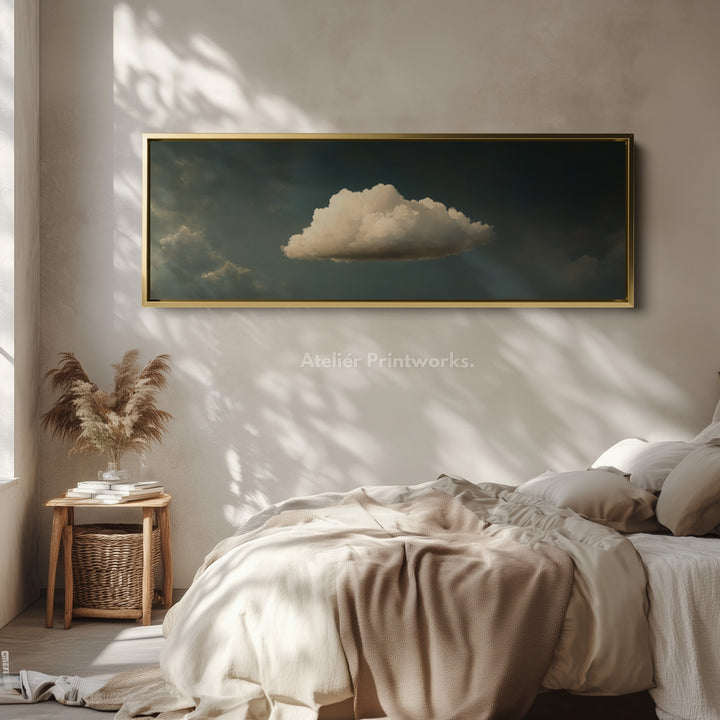 Above Bed Wall Art - Floating Blue & Green Cloud Minimalist Horizontal Wall Art - H0055