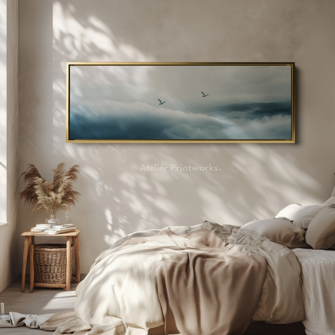 Panoramic Minimalist Cloud Long Narrow Wall Art Large Framed Canvas - H0057