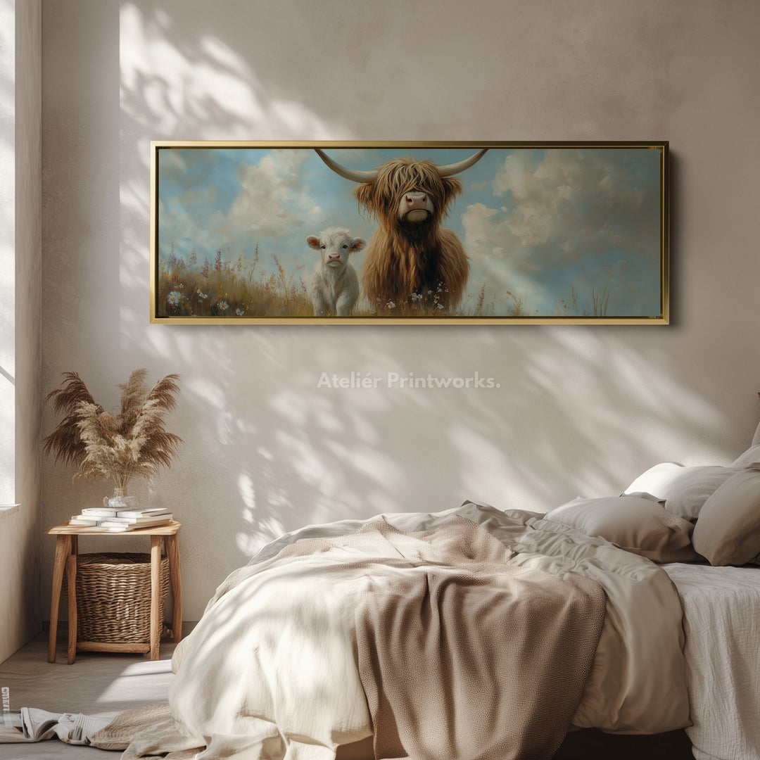 Scottish Highland Cow Framed Canvas Large Horizontal Wall Art - H0064