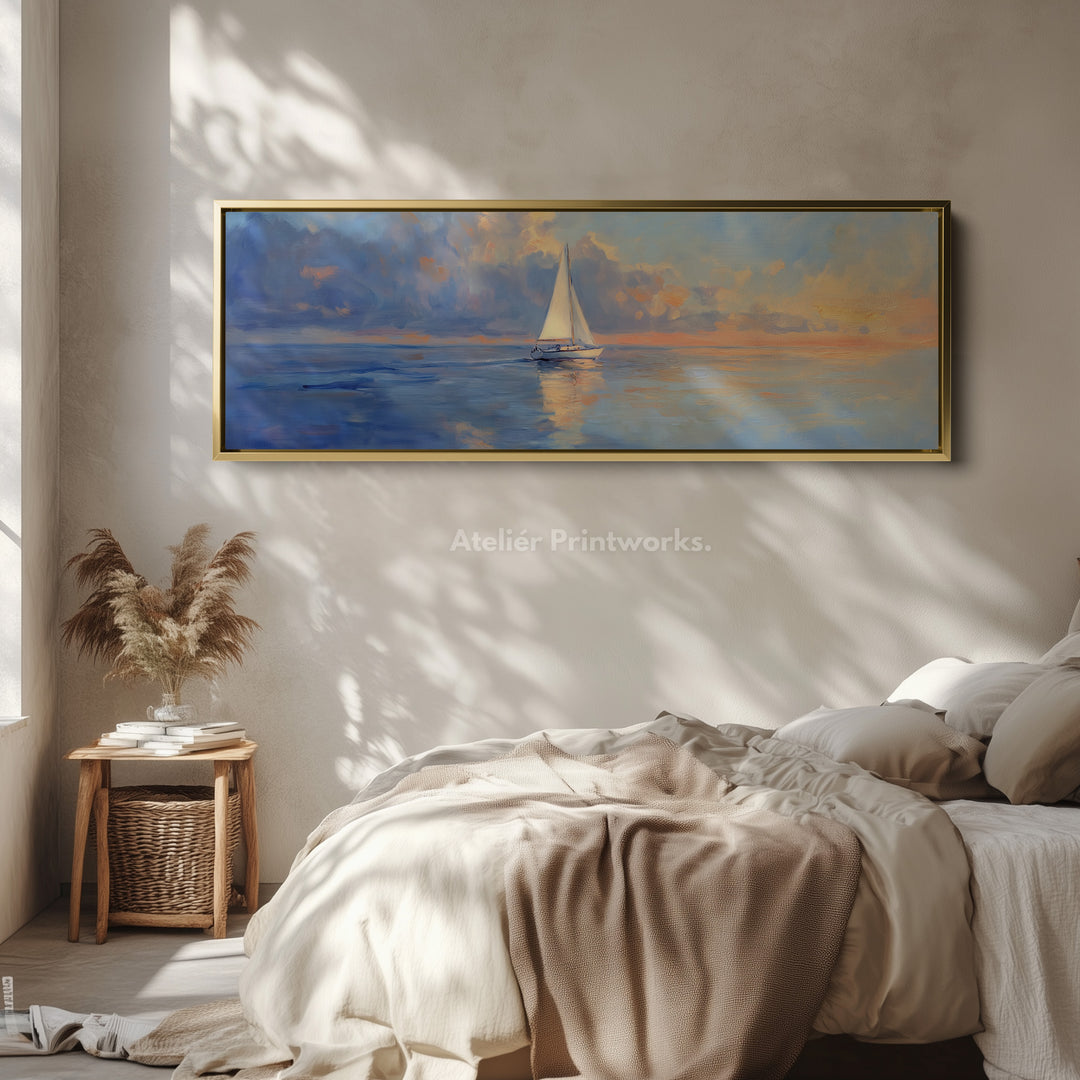 Long Horizontal Wall Art Above Bed Decor Sailing Boat - H0072