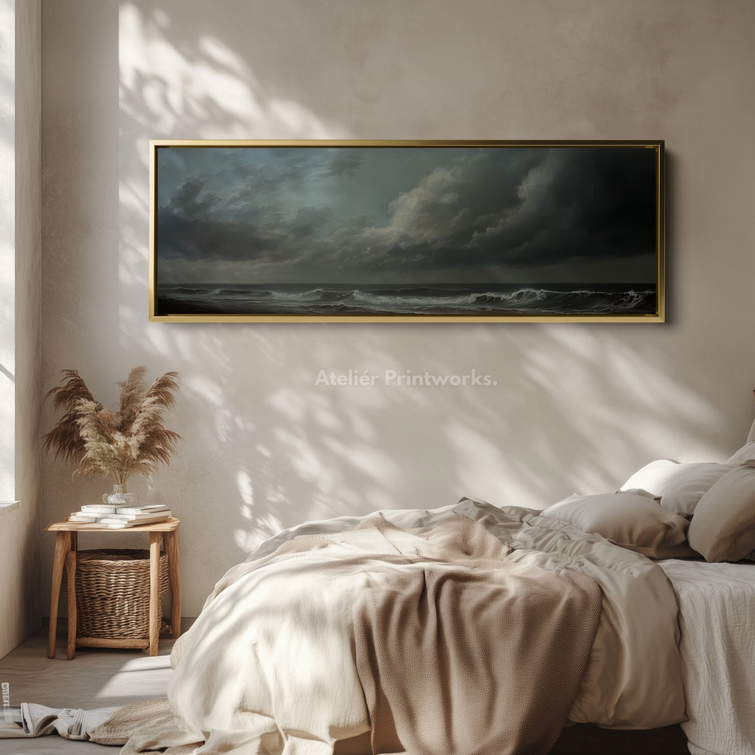 Moody Sea Long Horizontal Wall Art Above Bed Decor - H0074