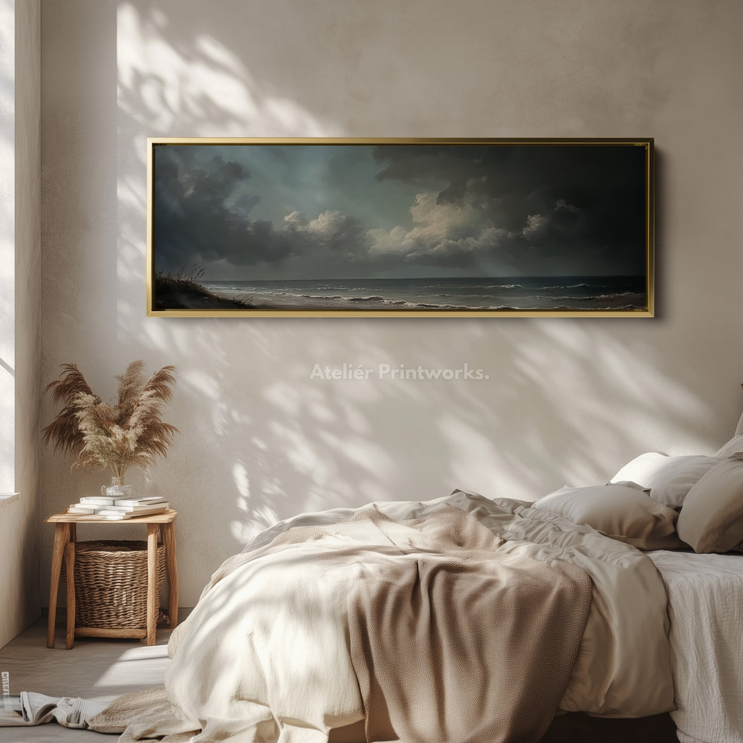 Stormy Sea Panoramic Long Horizontal Wall Art Above Bed Decor - H0075