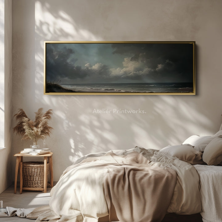 Stormy Sea Panoramic Long Horizontal Wall Art Above Bed Decor - H0075