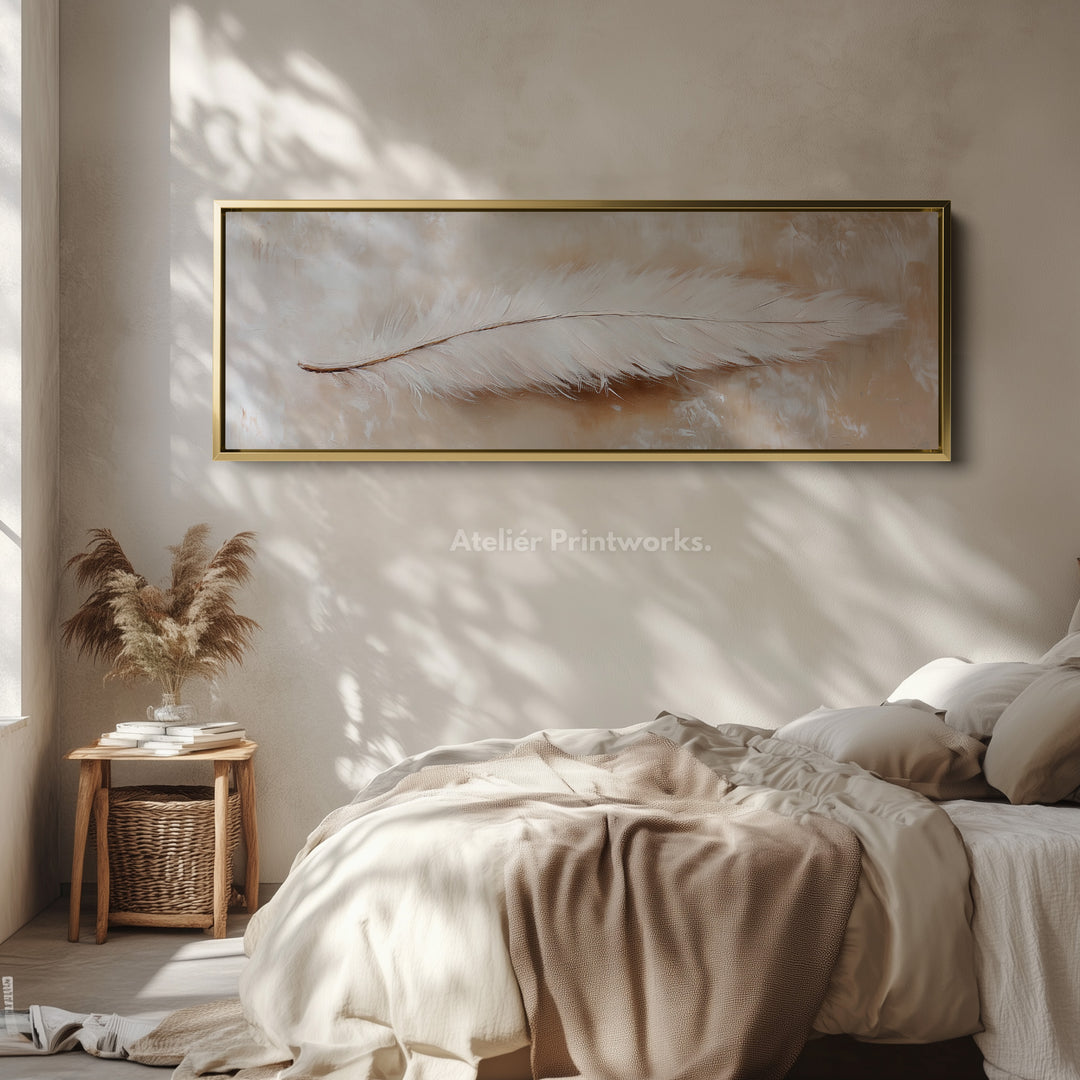 White Feather Panoramic Wall Art Horizontal Large Canvas Decor - H0081