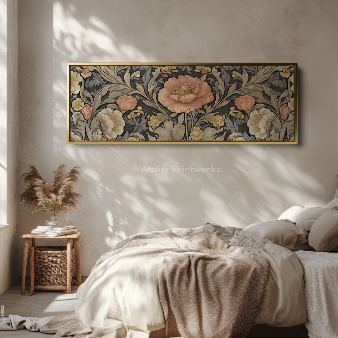 Vintage Floral Pattern Large Framed Canvas Long Narrow Horizontal Wall Art - H0083