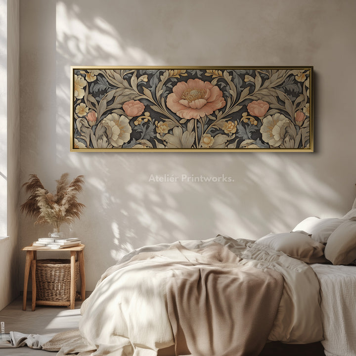 Vintage Floral Pattern Large Framed Canvas Long Narrow Horizontal Wall Art - H0083