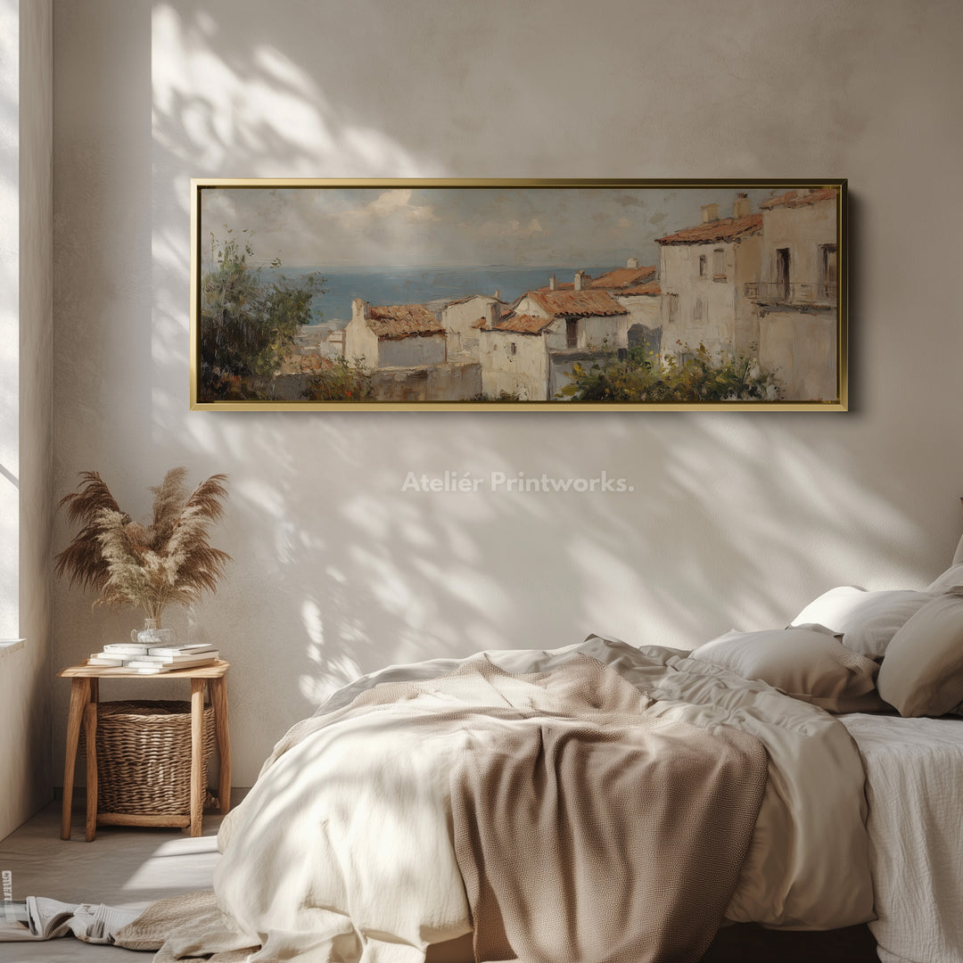 Mediterranean Coastal Seascape Large Framed Long Canvas Horizontal Wall Art - H0128