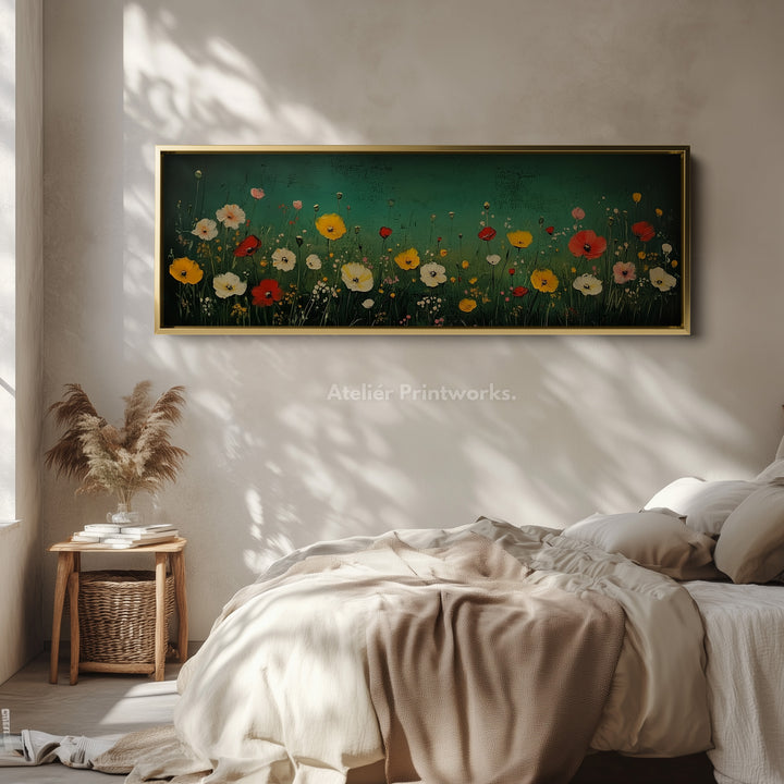Vintage Wild Flower Meadow Long Horizontal Wall Art Panoramic Wall Decor - H0148