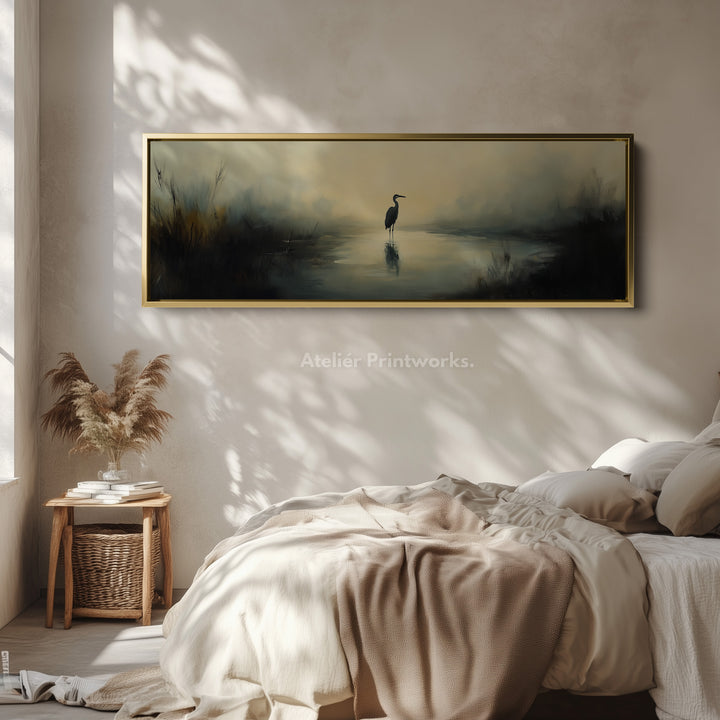 Muted Heron Above Bed Decor Framed Canvas Wall Decor - H0196