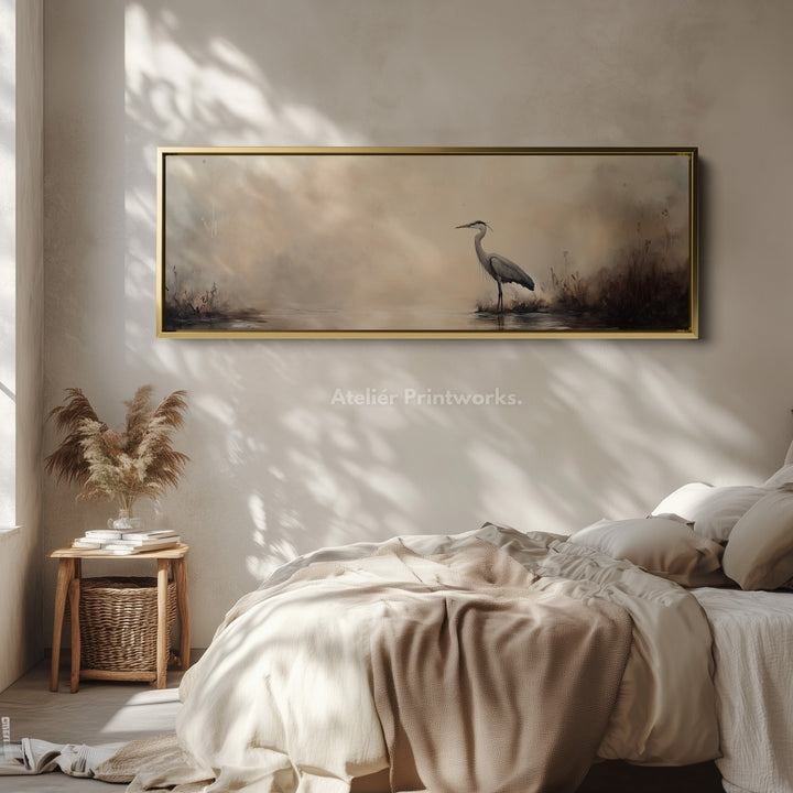 Vintage Heron Long Horizontal Skinny Framed Canvas - H0199