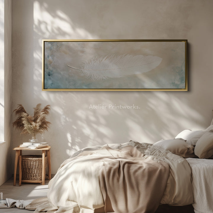 White Feather Above Bed Framed Canvas Wall Art - H0232