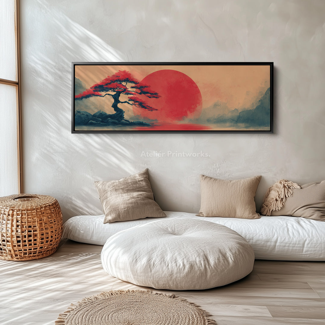 Bonsai Tree with Red Sun – Long Narrow Japanese Landscape Canvas - Japandi Wall Art