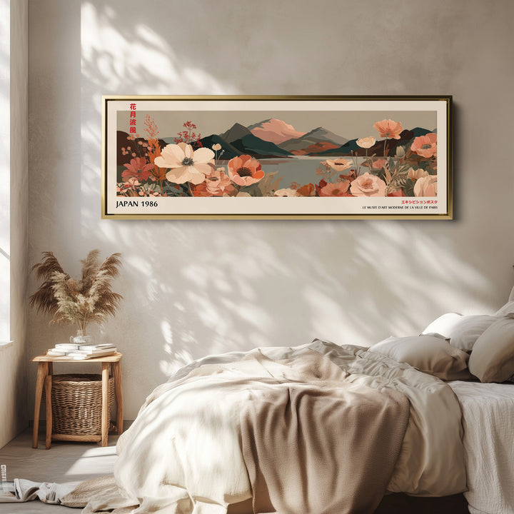 Wide Panoramic Wall Art – Muted Floral Mountain Lake, Japandi Boho Horizontal Landscape Print