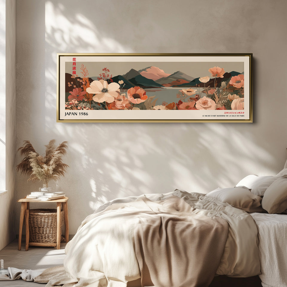 Wide Panoramic Wall Art – Muted Floral Mountain Lake, Japandi Boho Horizontal Landscape Print