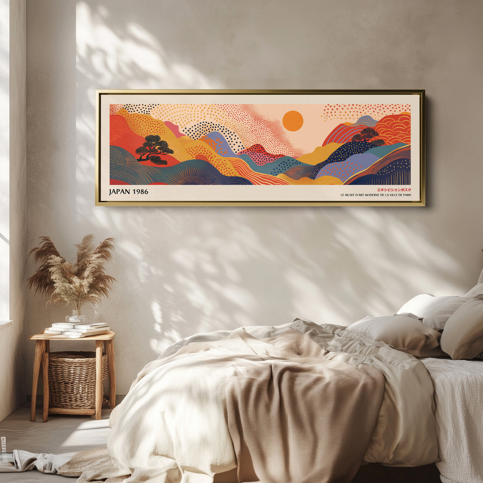 Extra Large Horizontal Wall Art – Abstract Sunrise Hills, Warm Japanese-Inspired Panoramic Print