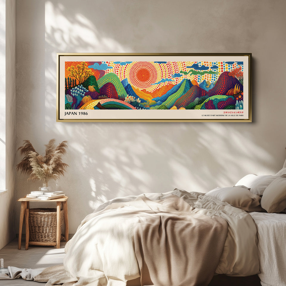 Oversized Horizontal Wall Art – Rainbow Dot Sunrise, Bold Japanese-Inspired Panoramic Landscape Print