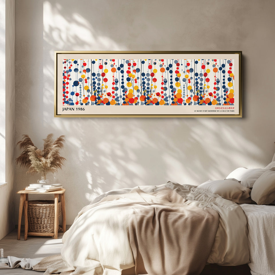 Above Bed Wall Art – Dotted Strands, Modern Japandi Long Horizontal Print in Primary Colours