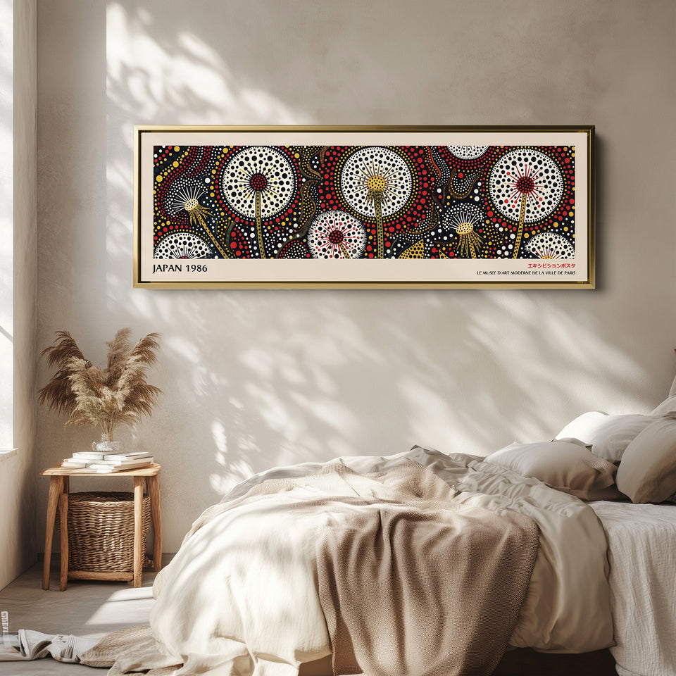 Wide Panoramic Wall Art – Dandelion Dot Bloom, Bold Japanese-Inspired Long Horizontal Print