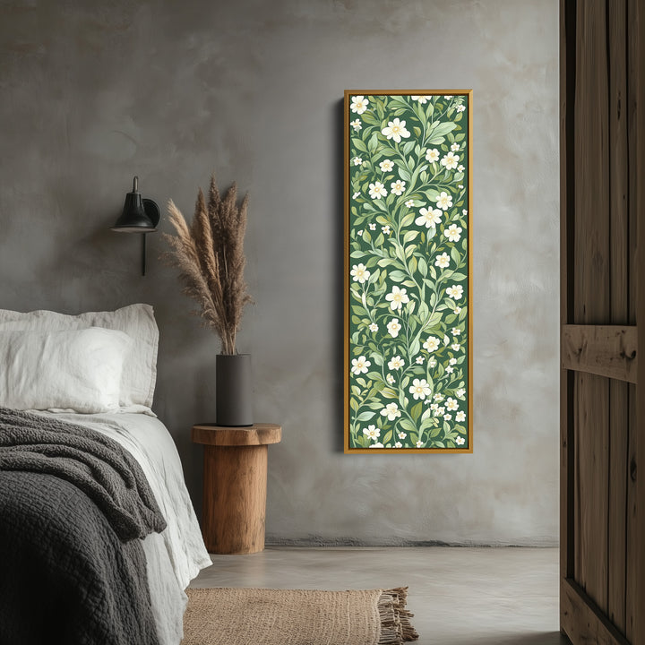 Framed Canvas Narrow Vertical White & Green Floral - V0239