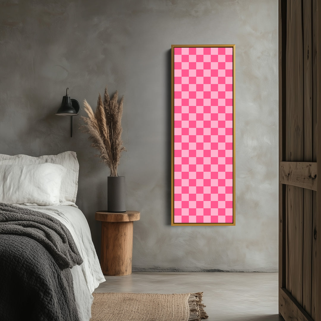Pink Checkered Gingham Vertical Slim Wall Art - V0310