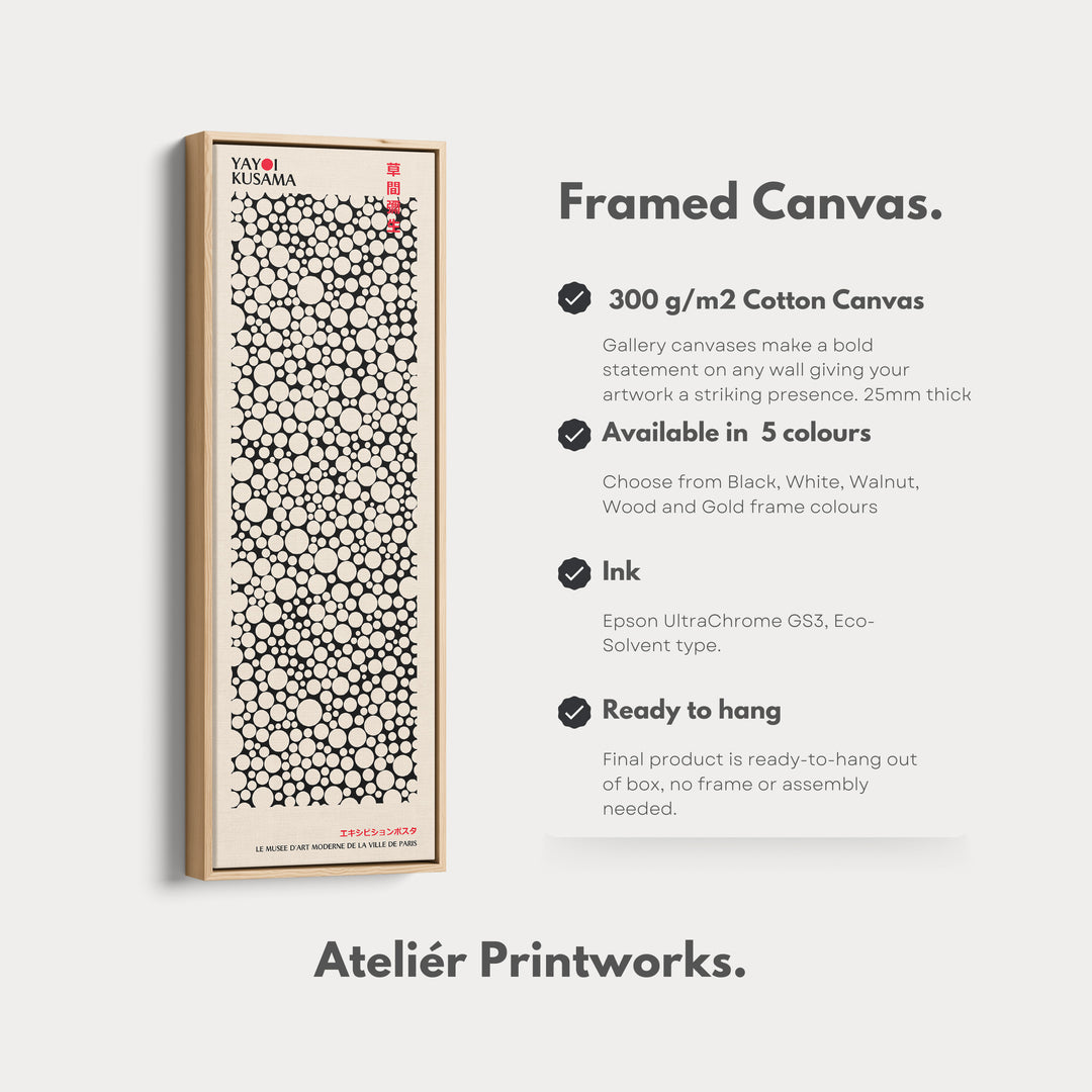 Yayoi Kusama Style Long Framed Canvas – Large Vertical Japanese Abstract Wall Art, Japandi Style, Japanese Poster Print