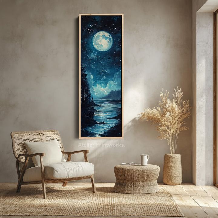 Moonlit Forest Night Vertical Narrow Long Wall Art Canvas - V0070