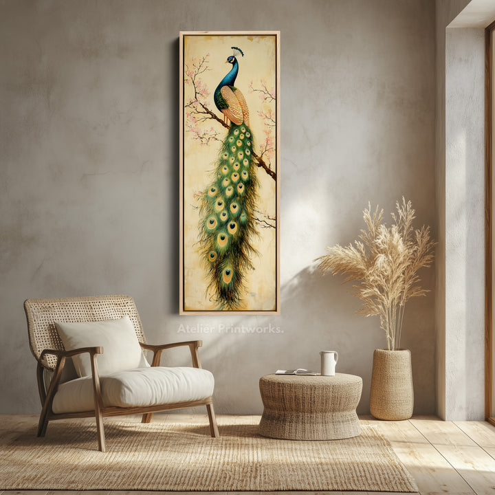 Large Canvas Peacock Framed Wall Art Long Vertical Wall Decor - V0083