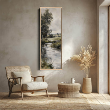 Tranquil River Painting Large Long Vertical Wall Art Large Framed Canvas - Atelier Printworks