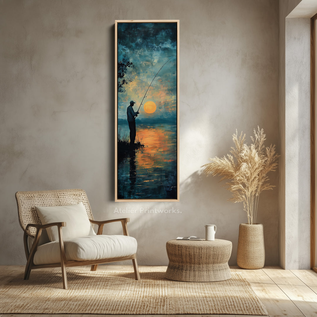 Long Narrow Vertical Large Canvas Wall Decor Sunset Fishing - V0110