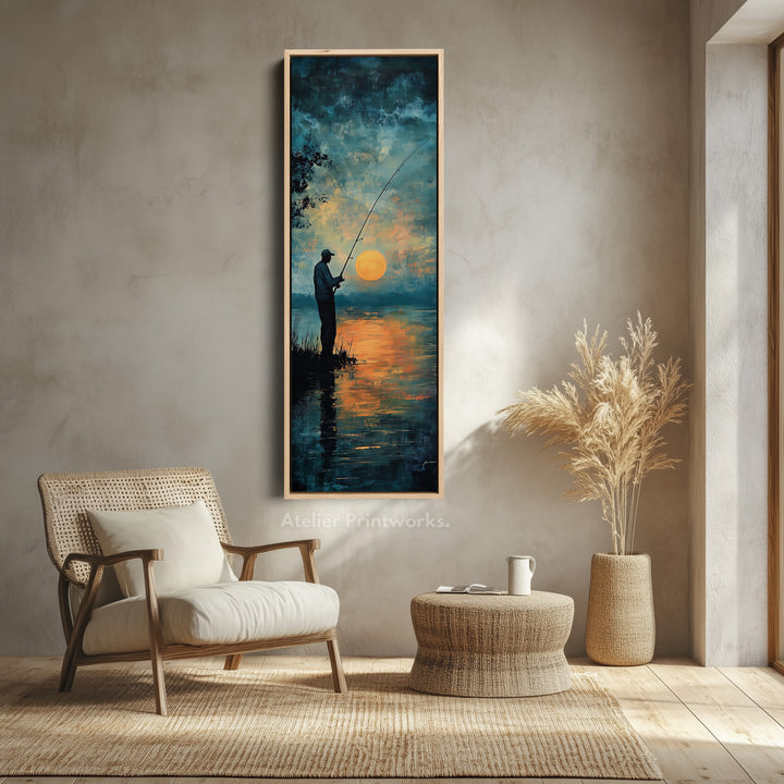 Long Narrow Vertical Large Canvas Wall Decor Sunset Fishing - V0110