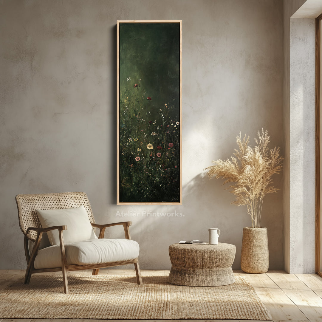 Vintage Wild Flowers Dark Green Vertical Wall Art - Tall Long Narrow Vertical Wall Decor - V0122
